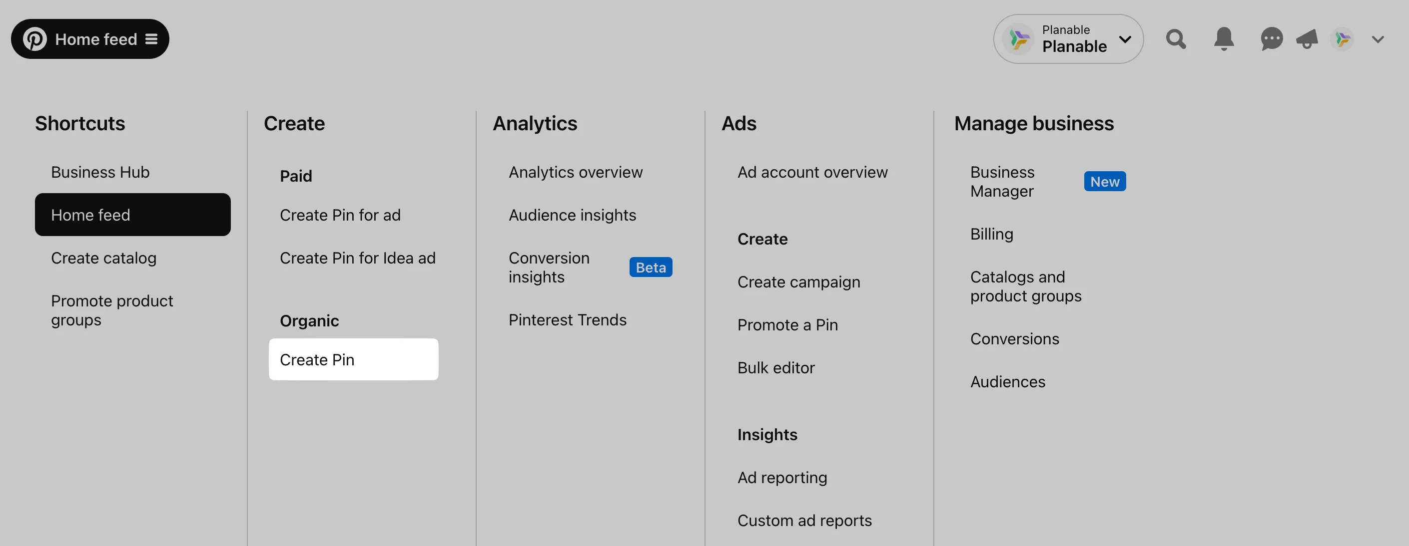 Pinterest menu open, showing options like "Create Pin" and "Analytics."