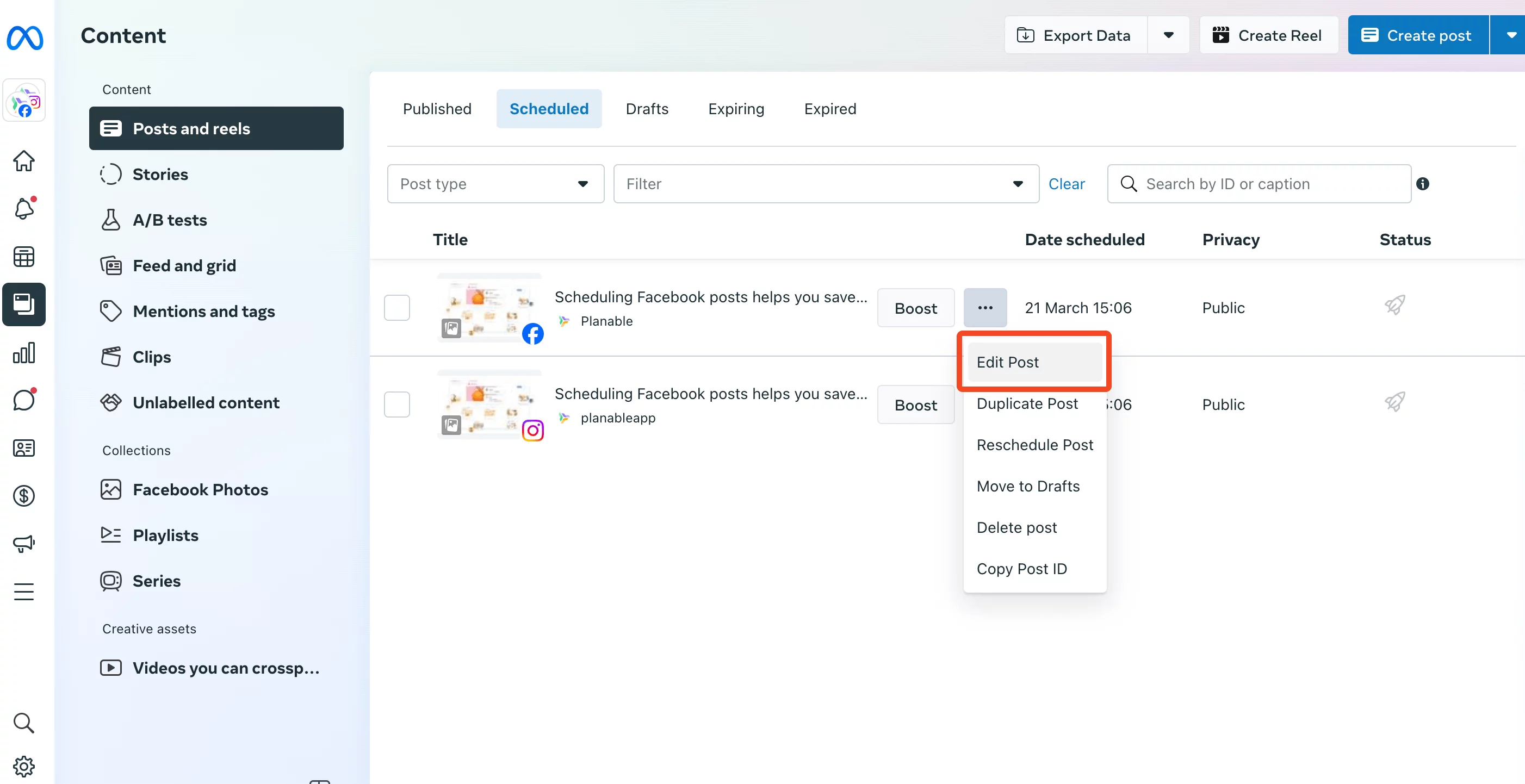 To open the 'Edit Post' option, click on the three dots on the right side of the scheduled post